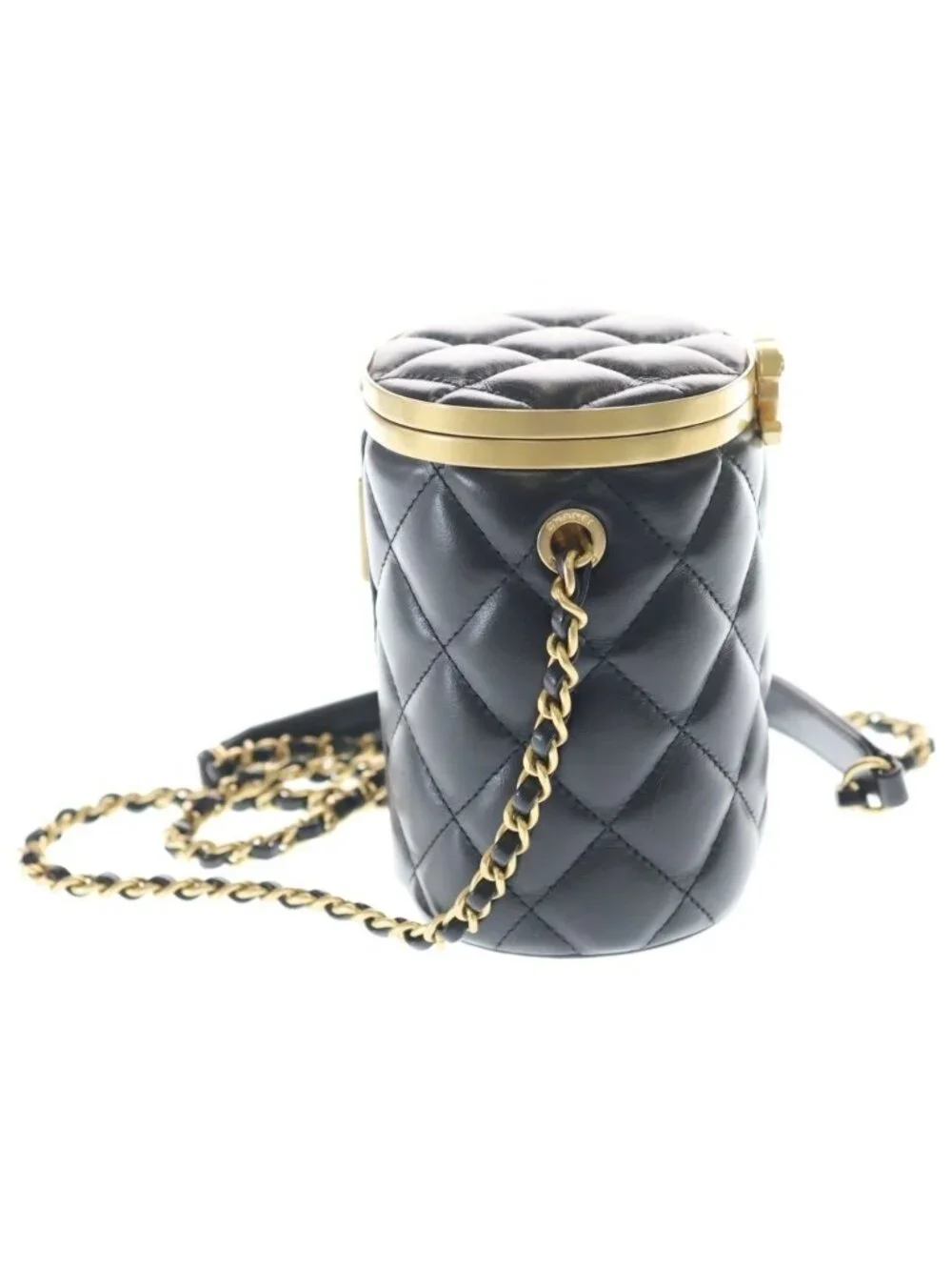 Chanel Crown Box Vanity Lambskin Leather Chain Shoulder Bag Gold Black Plate